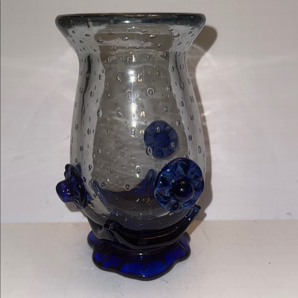 Cobalt Blue Accented Glass Vase with Textured Design